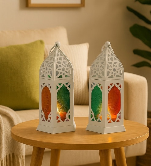White & Pink Metal Moroccan Domed Lantern Set Of 2