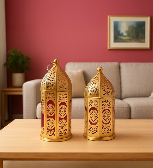 market 99 Golden & Red Metal Moroccan Style Domed Lantern Set Of 2-picture-17