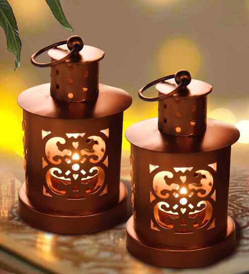 Set Of 2 Brown Metal Candle Tealight Holders
