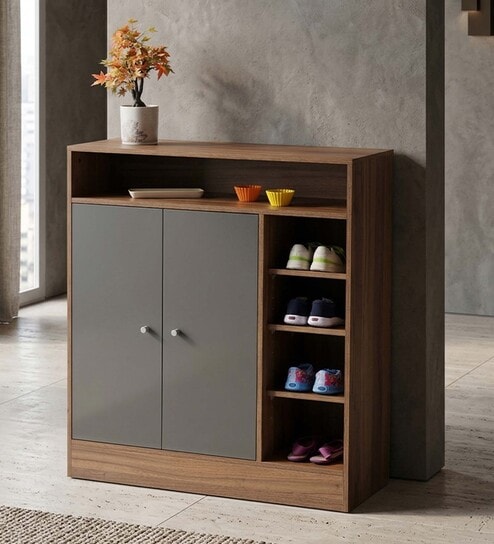 Lara 2 Door Shoe Rack In Walnut Brown Finish