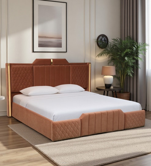 Larayne Velvet Upholstered King Size Bed In Light Brown color With Box Storage