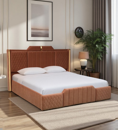 Larayne Velvet Upholstered Queen Size Bed In Light Brown color With Box Storage