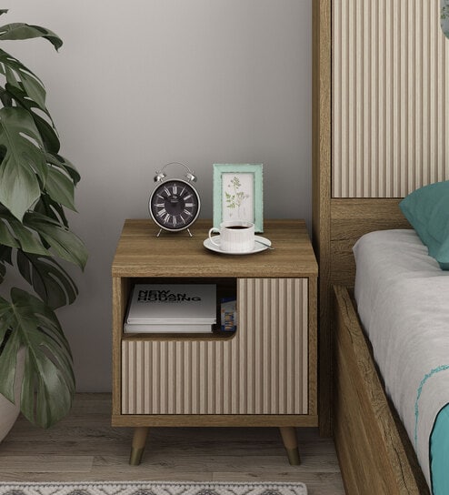 Larena Bedside Table In Sebastian Oak & Bamboo Flute Colour In Melamine Finish