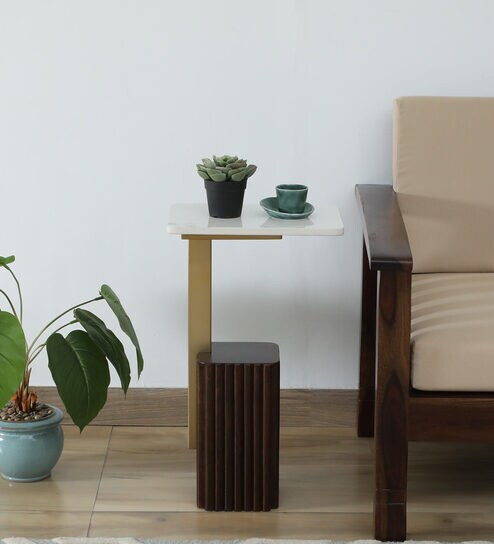 Larena Solid Wood End Table In White Colour & Walnut Finish With Porcelain Top