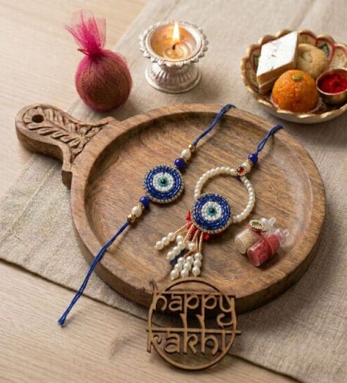 home arte Large Evil Eye Blue Lumba Rakhi Set With Roli Chawal and Nariyal With Gift Box-picture-12