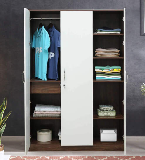 Larry 3 Door Wardrobe In High Gloss White And Walnut Finish With Drawer