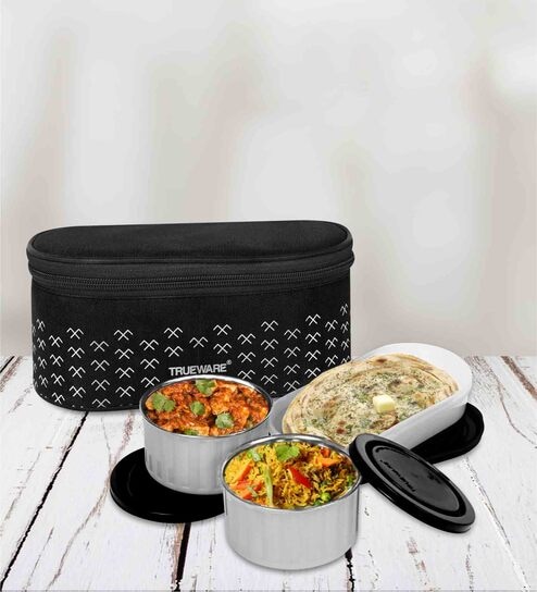 Lattice Black Plastic & Steel 3Pcs Microwave safe Lunch Box