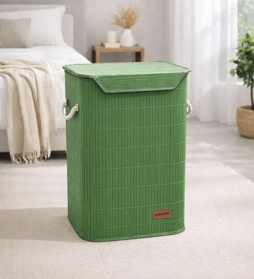 Green Bamboo Laundry Basket with Lid