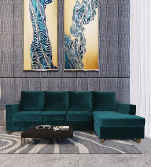 Laura Velvet LHS Sectional Sofa in Teal Blue Colour