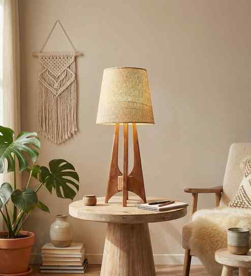 Laurent Brown Wooden Table Lamp with White Jute Lampshade