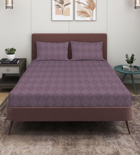 Lavender 280 TC Glace Cotton Fitted Bedsheet With Embossed Leaf Pattern