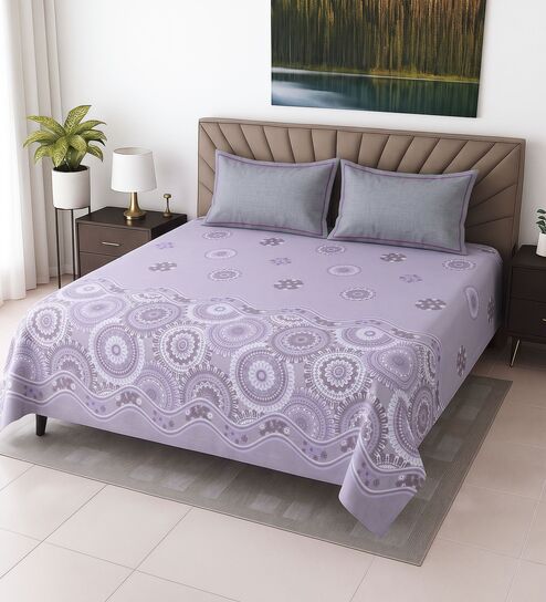 Lavender Floral 400 TC Super King Size Bedsheet with 2 Pillow Covers Luxury Series Collection