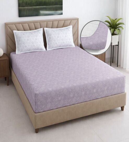 Lavender Floral 400 TC Cotton Queen Size Fitted Bedsheet With 2 Pillow Covers
