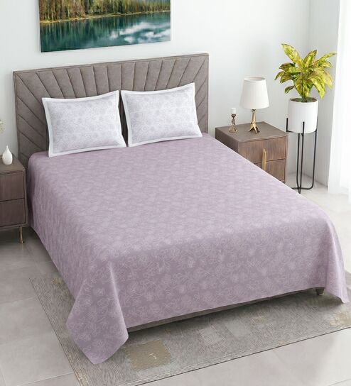 Lavender Floral 400 TC Cotton Queen Size Flat Bedsheet With 2 Pillow Covers