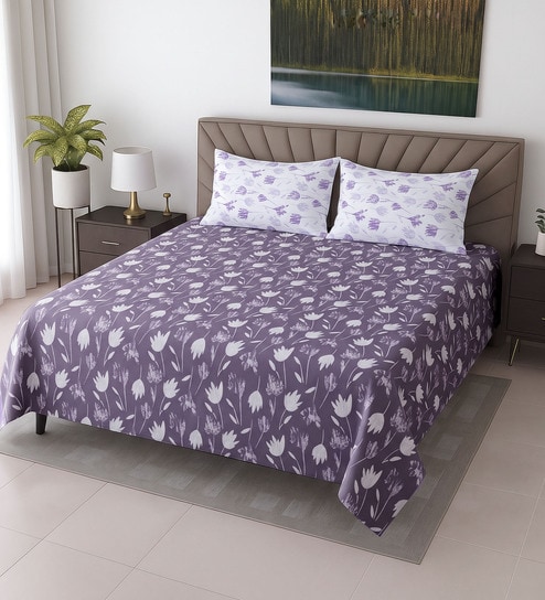 Lavender Floral 400 TC Cotton Super King Bedsheet with 2 Pillow Covers Luxury Series Collection