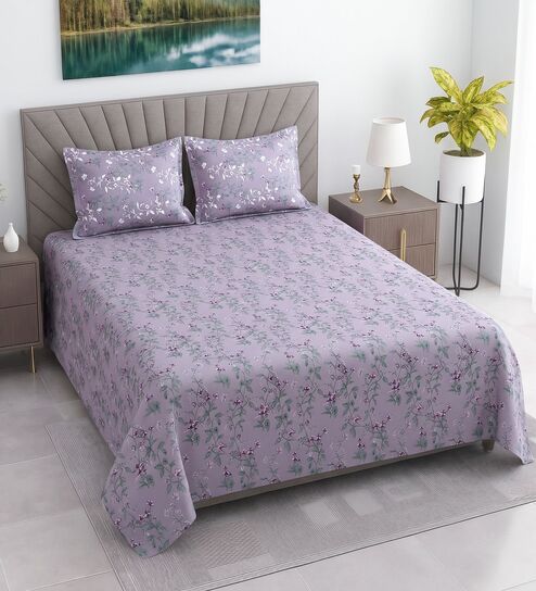 Lavender Floral 400 TC Cotton Superking Size Flat Bedsheet With 2 Pillow Covers