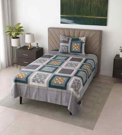 Lavender Geometric 290 Tc Cotton Single Bedsheet With 1 Pillow Cover