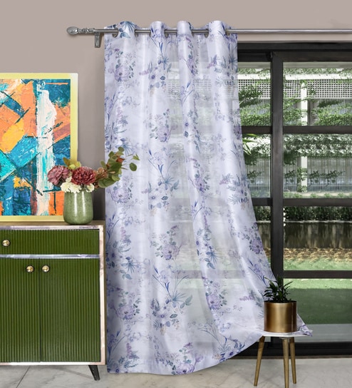 Lavender Polyester Floral 9ft Sheer Eyelet Long Door Curtain