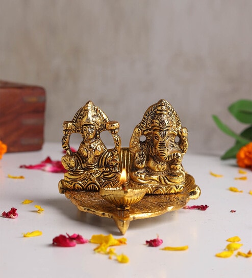 (1Pc) Gold Metal Laxmi Ganesh Decorative God Statue For Home & Pooja Room