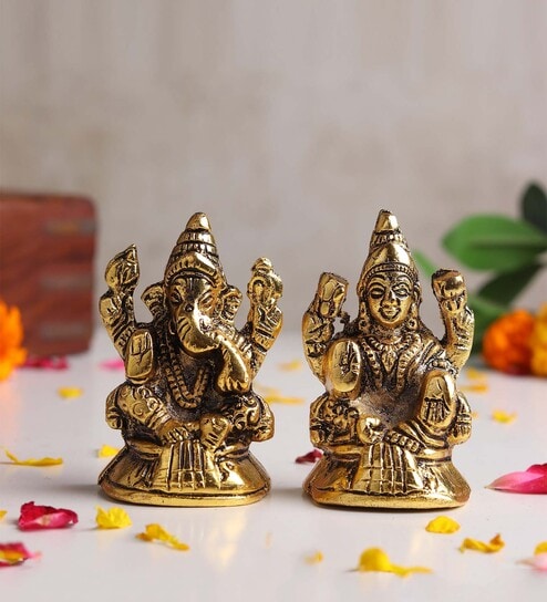 (1Pc) Gold Metal Laxmi Ganesh Idol Home Temple Decor