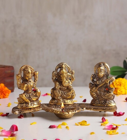 (1Pc) Gold Metal Lakshmi, Ganesha & Saraswati Pooja Idol