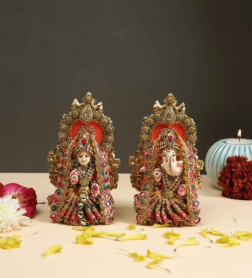 Brass Ganesh Lakshmi Idol - Brown Antique Finish - Set of 2