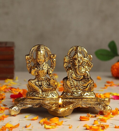 (1Pc) Gold Metal Lakshmi Ganesha Idol With Diya For Home Temple
