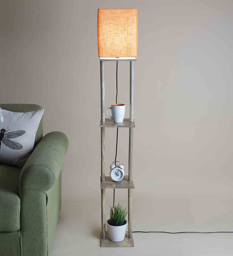 Buy Ladder Lamp In Solid Wood In Natural Finish With Orange Shade By