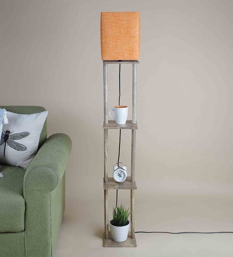 Buy Ladder Lamp In Solid Wood In Natural Finish With Orange Shade By