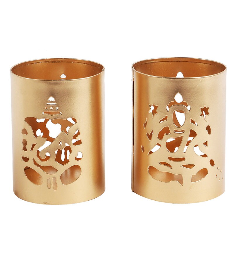 Buy Laxmi Ganesh Gold Metal Table Tea Light Holder Set of 2 by The