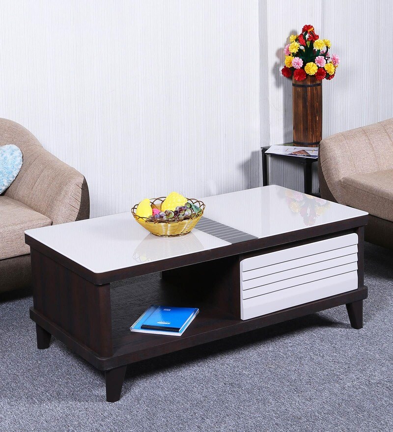 Buy Lazio Glass Top Center Table With Drawers Storage In Dual
