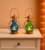 Blue & Green Metal Lantern Candle Holder Set Of 2