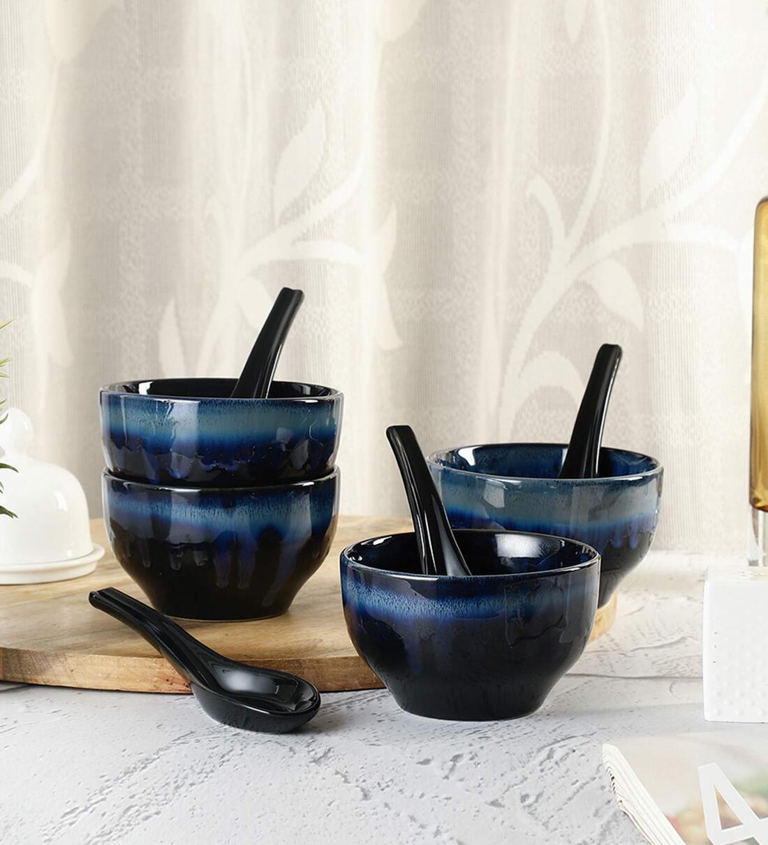 Buy Leher 275ml Shade of Blue Ceramic (Set of 4) Dinner Bowl Online