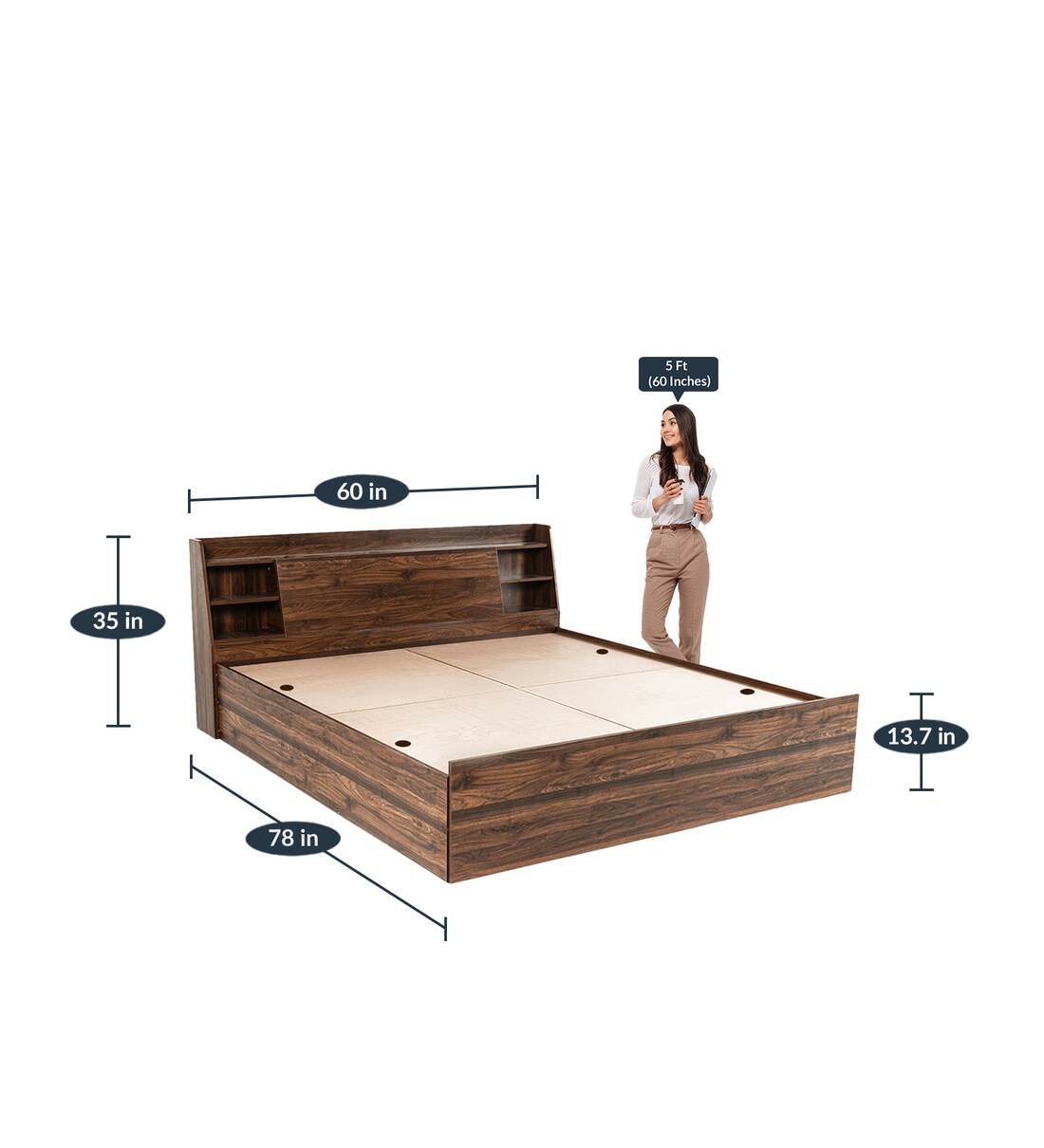 Buy Leo Queen Size Bed with Box Storage & Headboard in Columbian Walnut