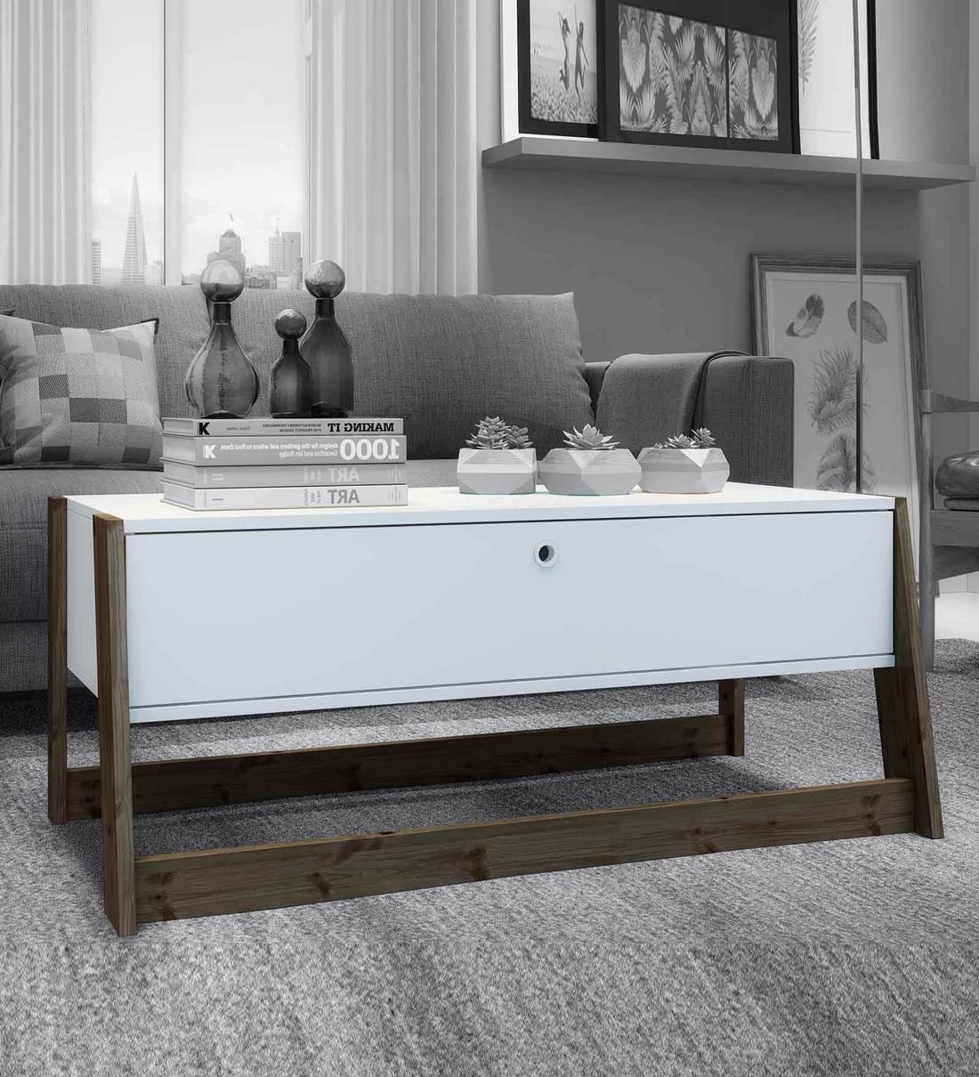 Buy Leonardo Coffee Table with drawer in White & Dark Oak Finish