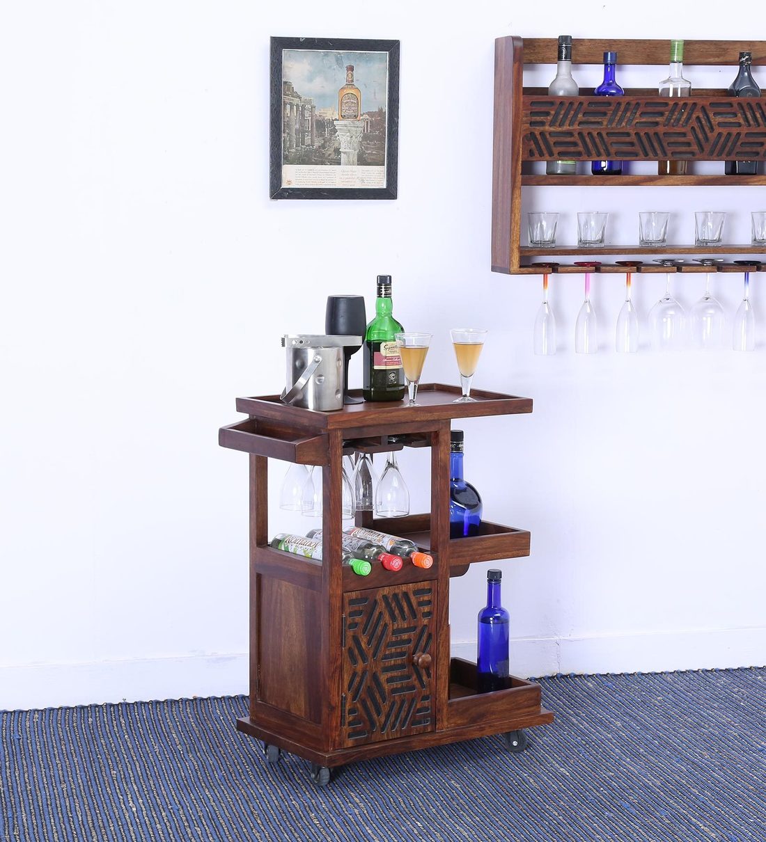 Buy Lerro Solid Wood Bar Trolley in Provincial Teak Finish By