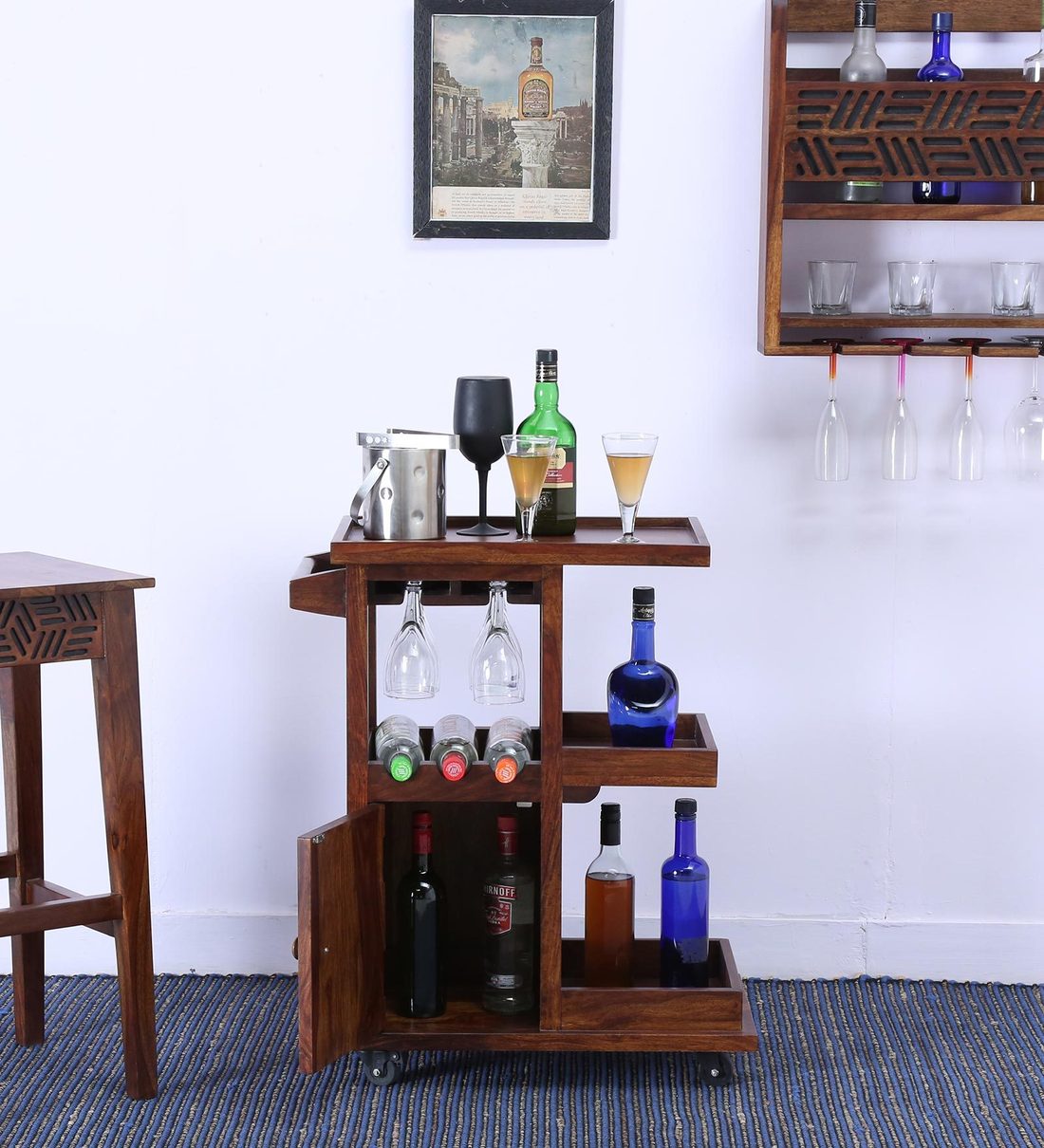 Buy Lerro Solid Wood Bar Trolley in Provincial Teak Finish By