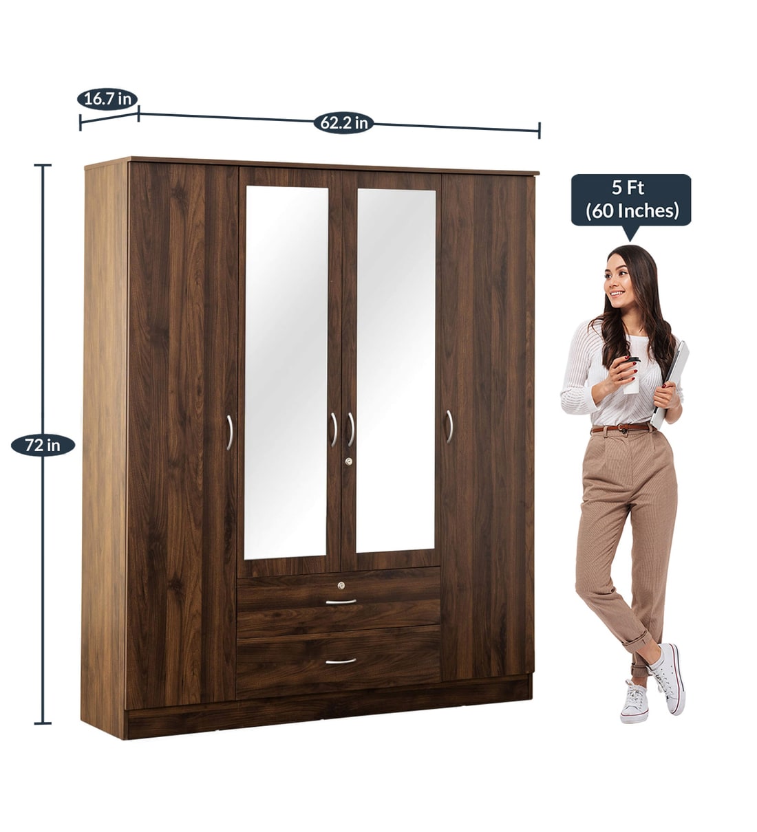 Buy Lewis 4 Door Wardrobe With Drawer & Mirror in Walnut Finish by Home