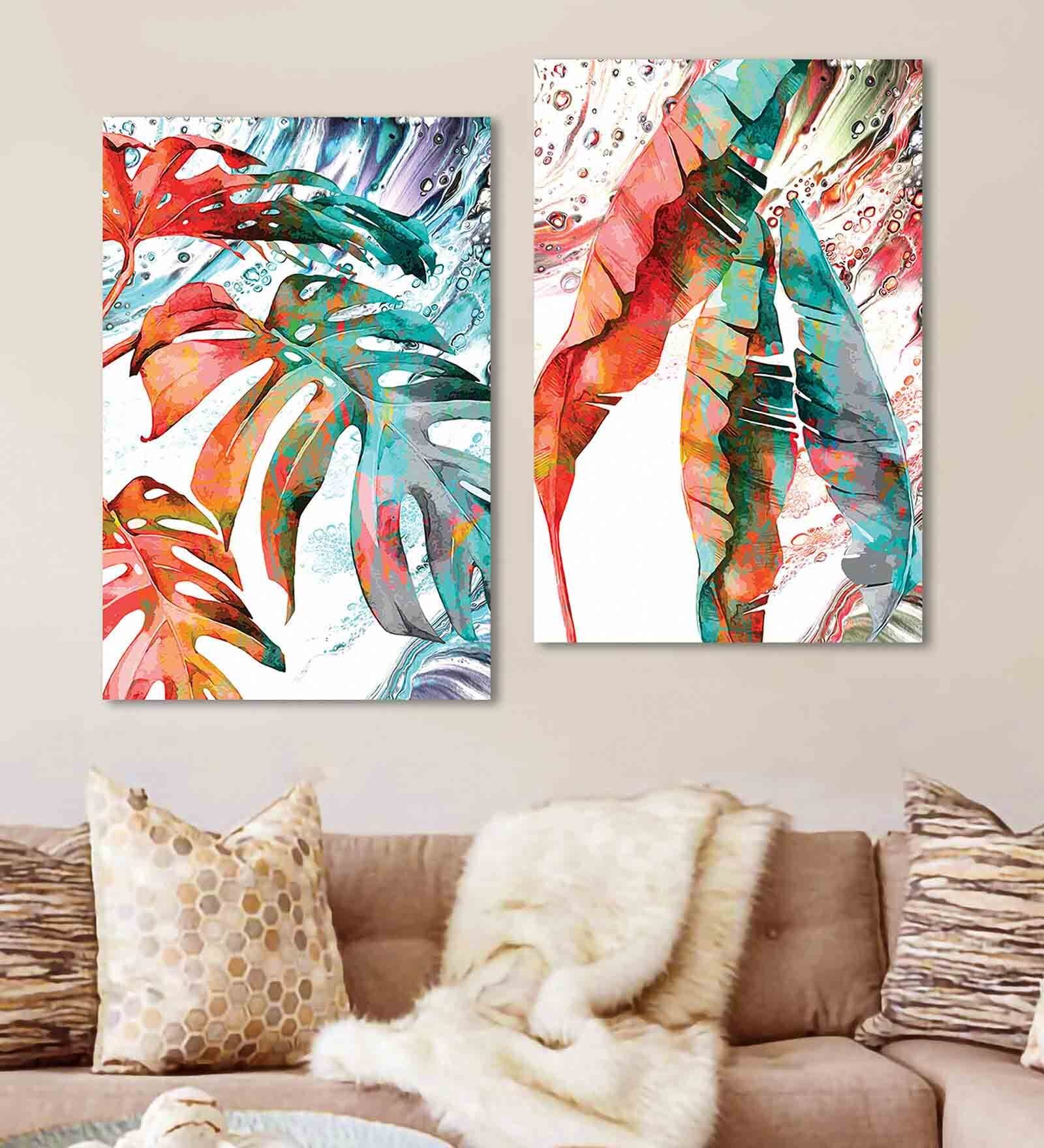 Leaf Multicolour Canvas Teakwood And MDF Framed People and Places Art Panels Set of 2