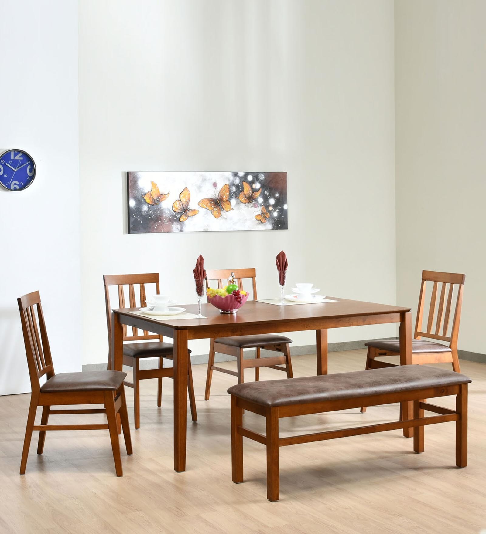Leaf Solid Wood 6 Seater Dining Set with Bench in Walnut Finish