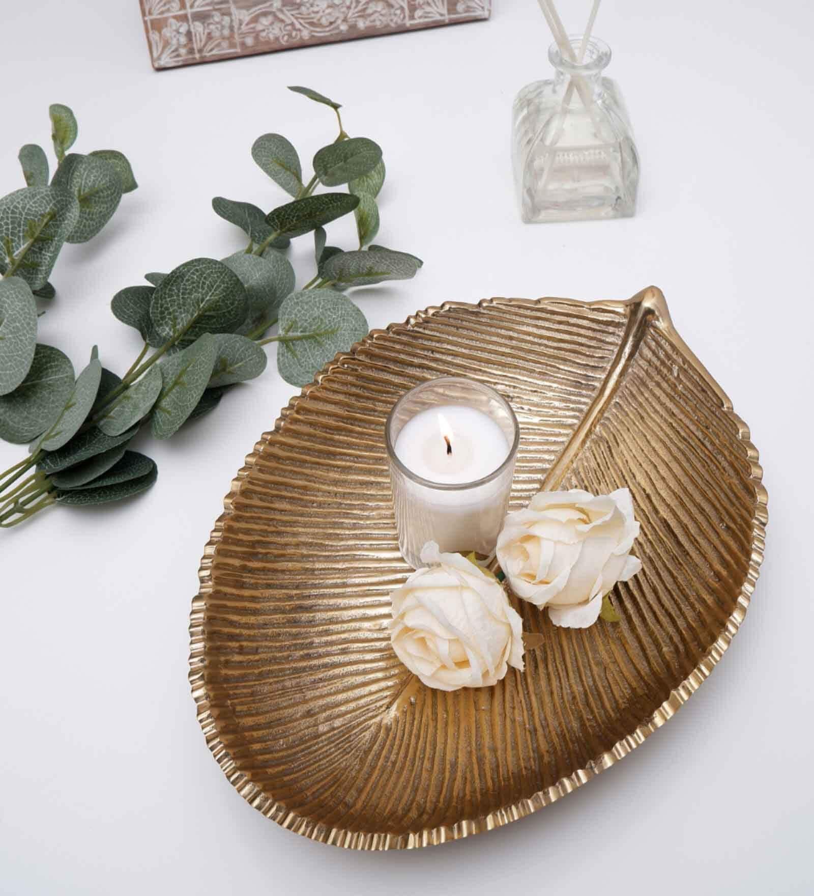 Leaf Shape Gold Aluminium Pooja Thali