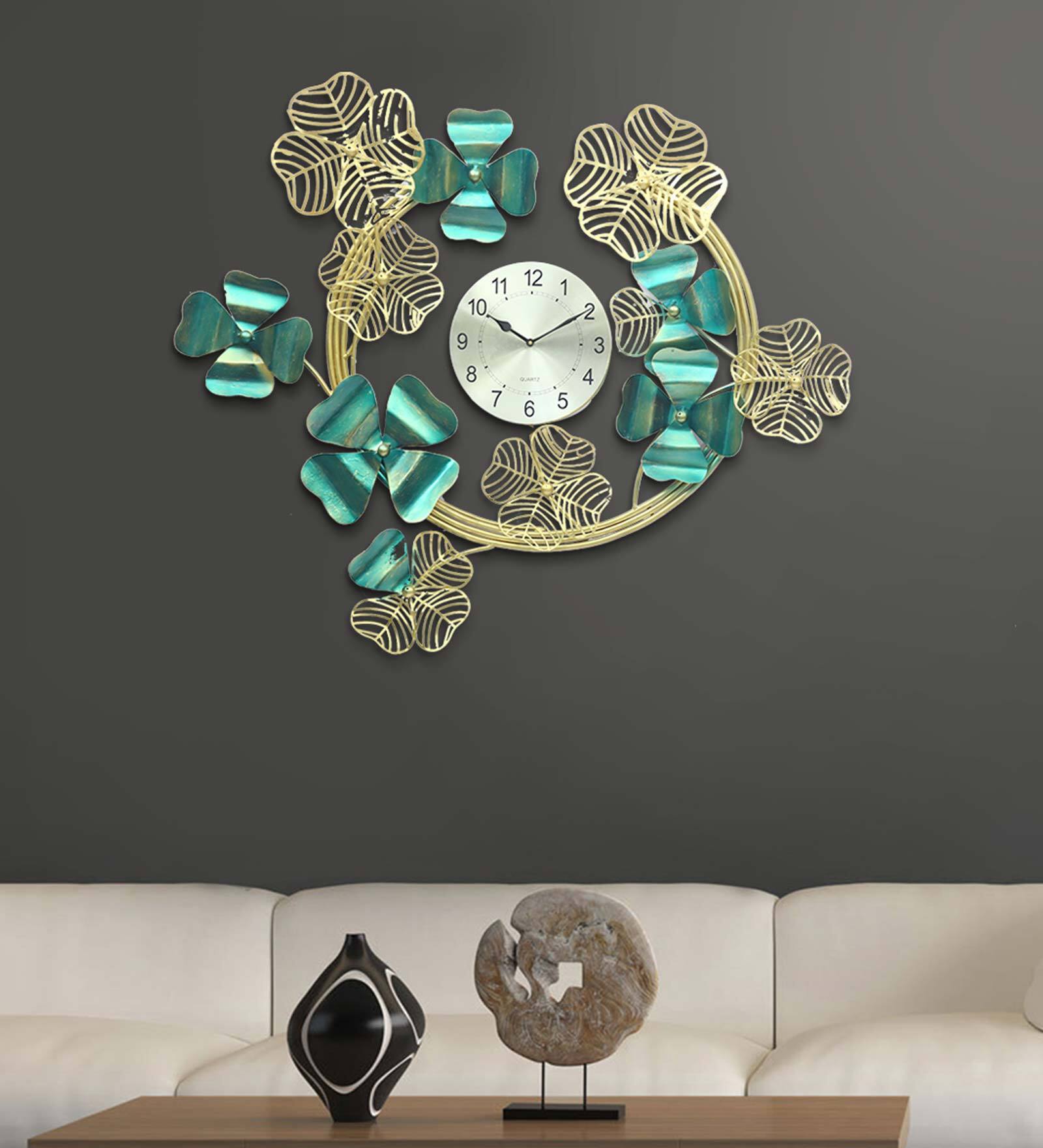 Green & Gold Metal Leaf Wall Modern Wall Clock