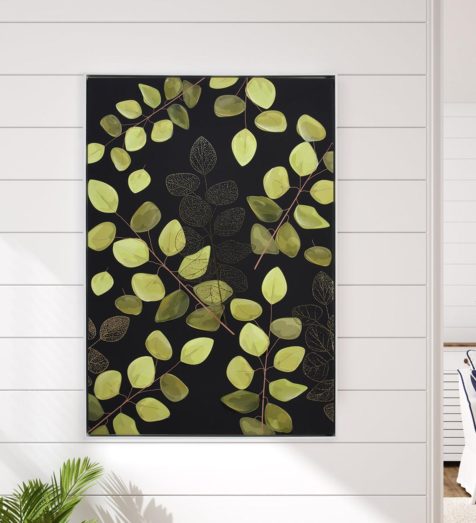 Leafy Lush Green & Gold Wood and Canvas Wall Paintings