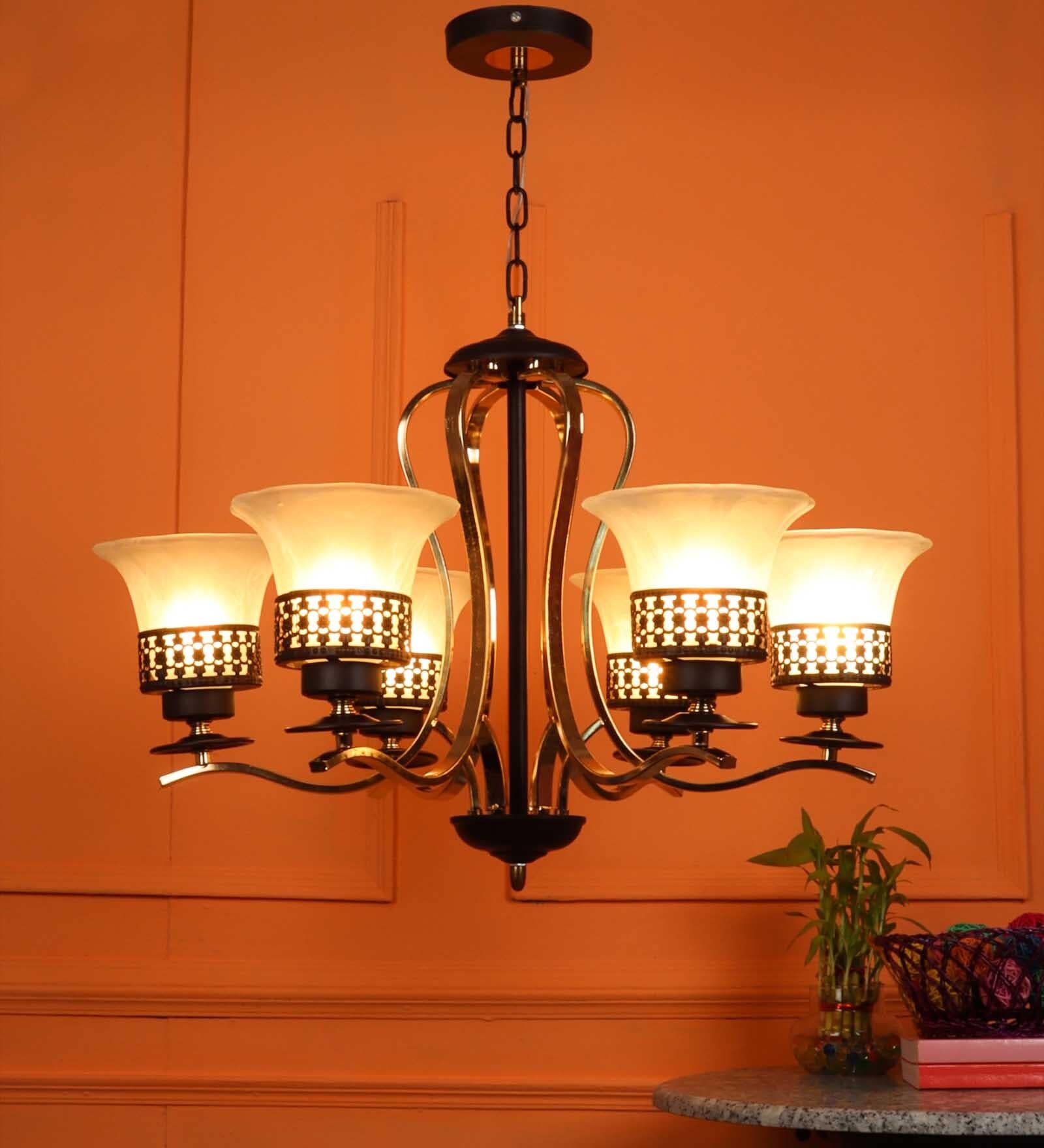 Brown Mild Steel and Glass Shaded Chandelier