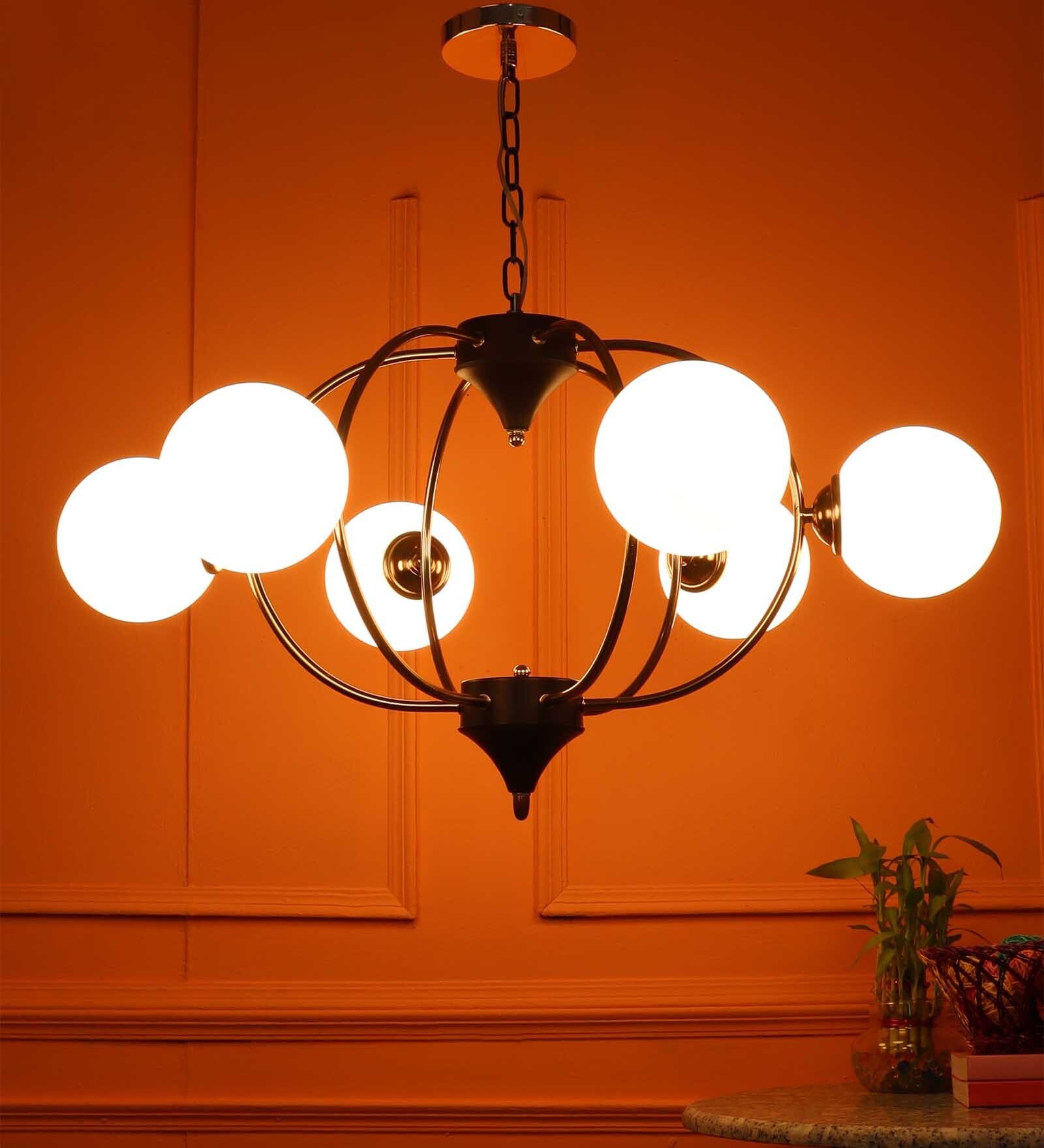Black and Gold Mild Steel and Glass Globe Chandelier