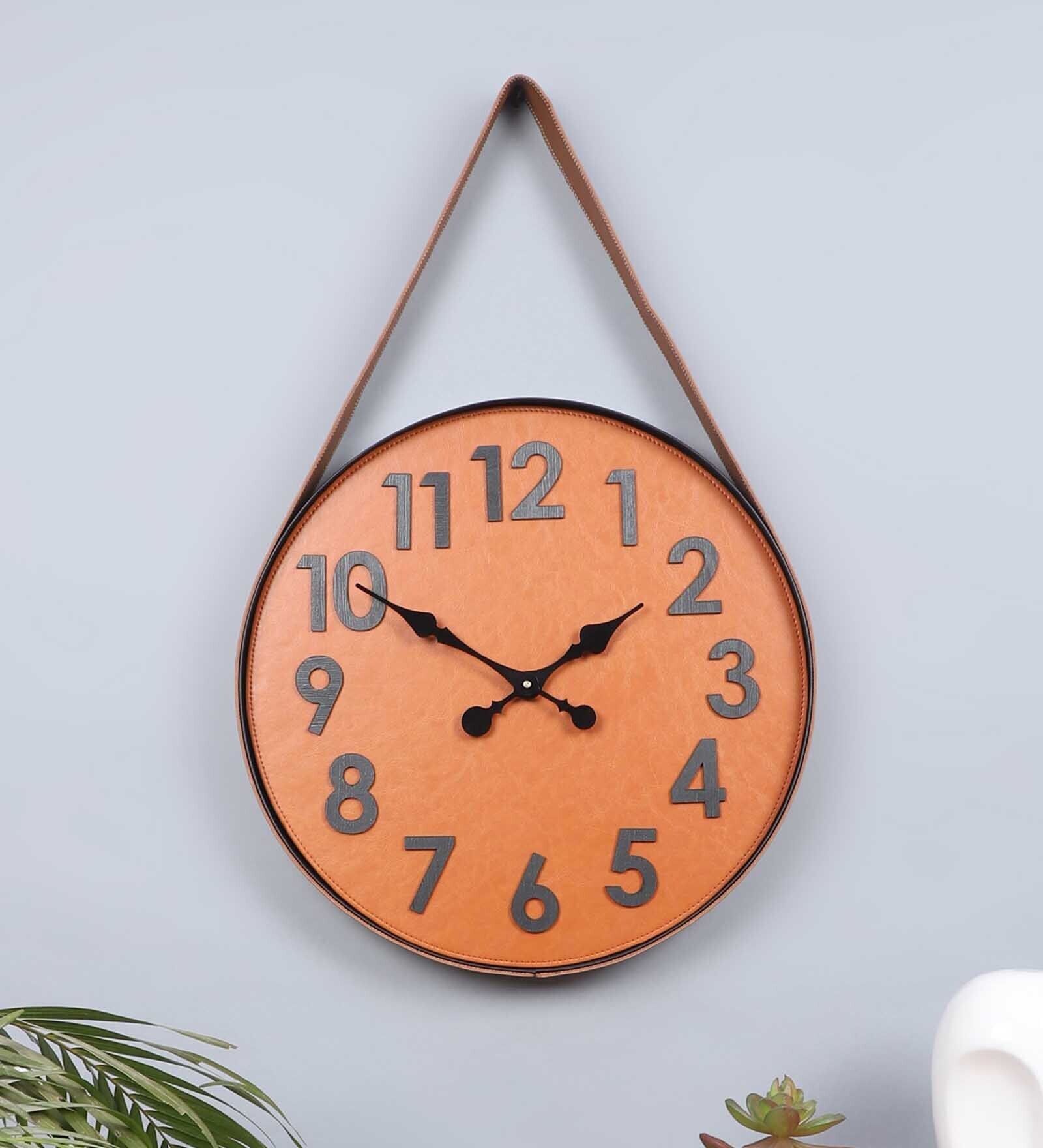 Buy Leather & Metal Wall Clock In Brown By Vardaanya Homes Online