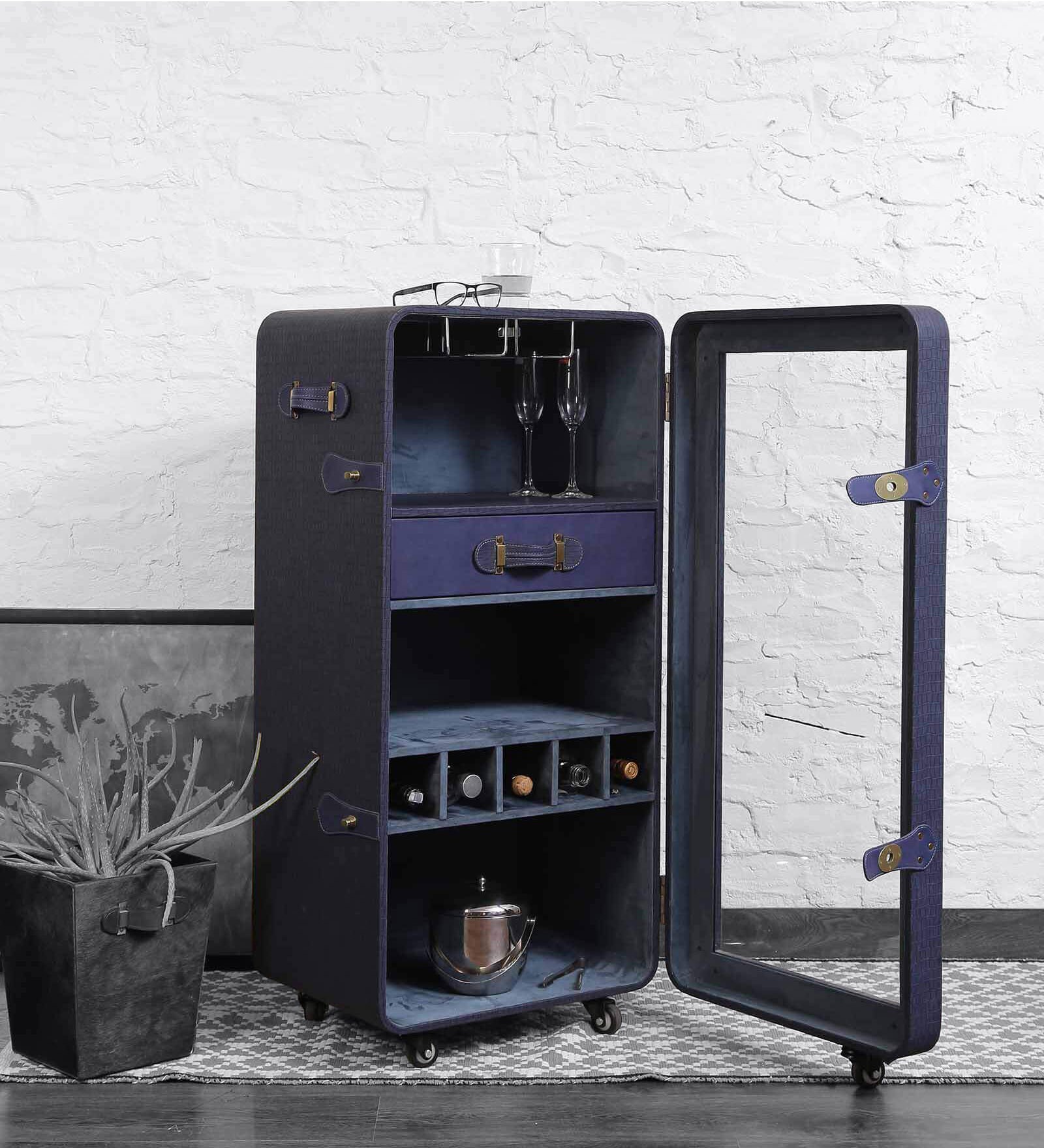 Buy Leather Bar on Wheels in Blue Colour by Studio Ochre Online