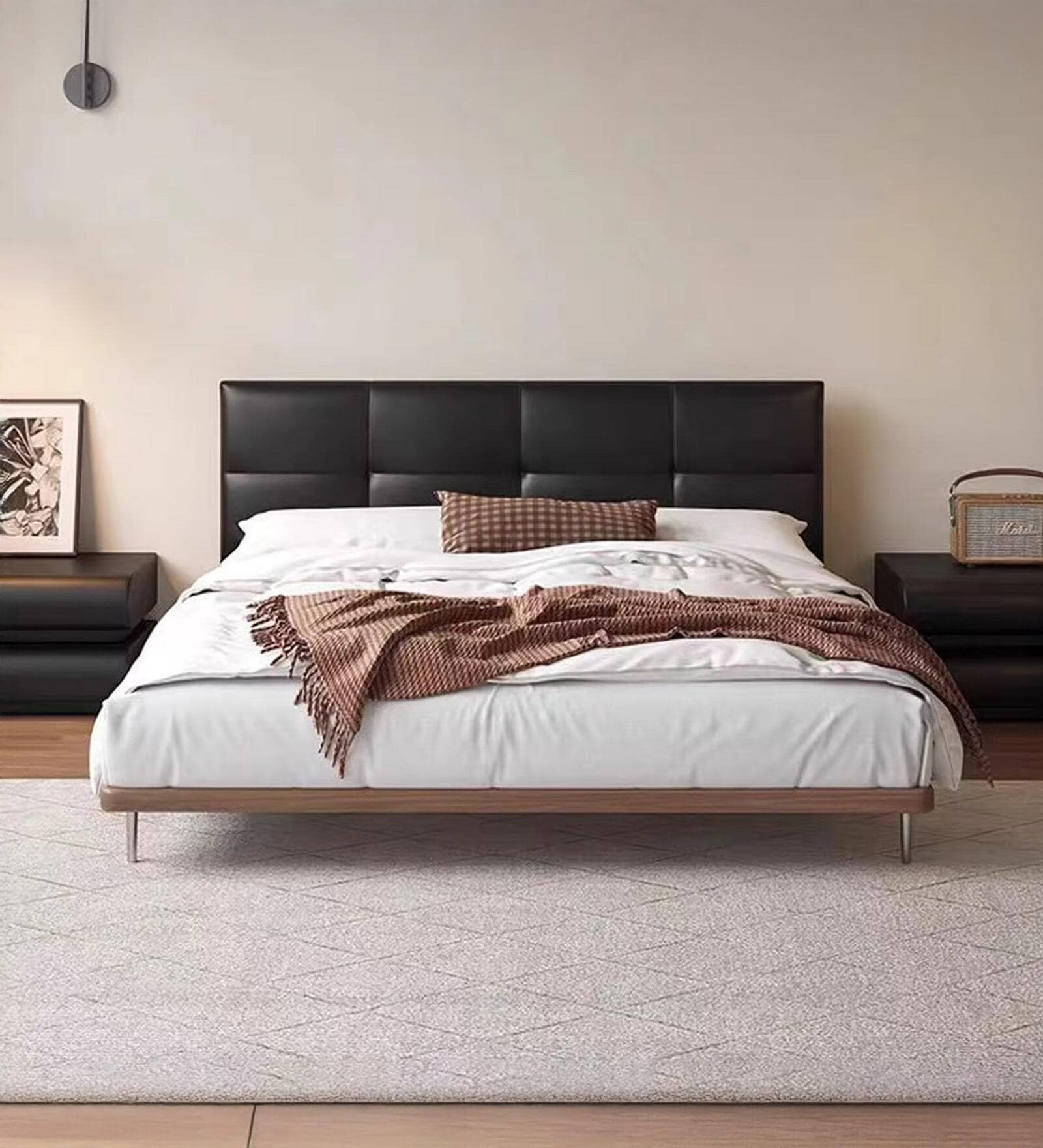 Leatherette Back King Size Bed in Walnut Finish