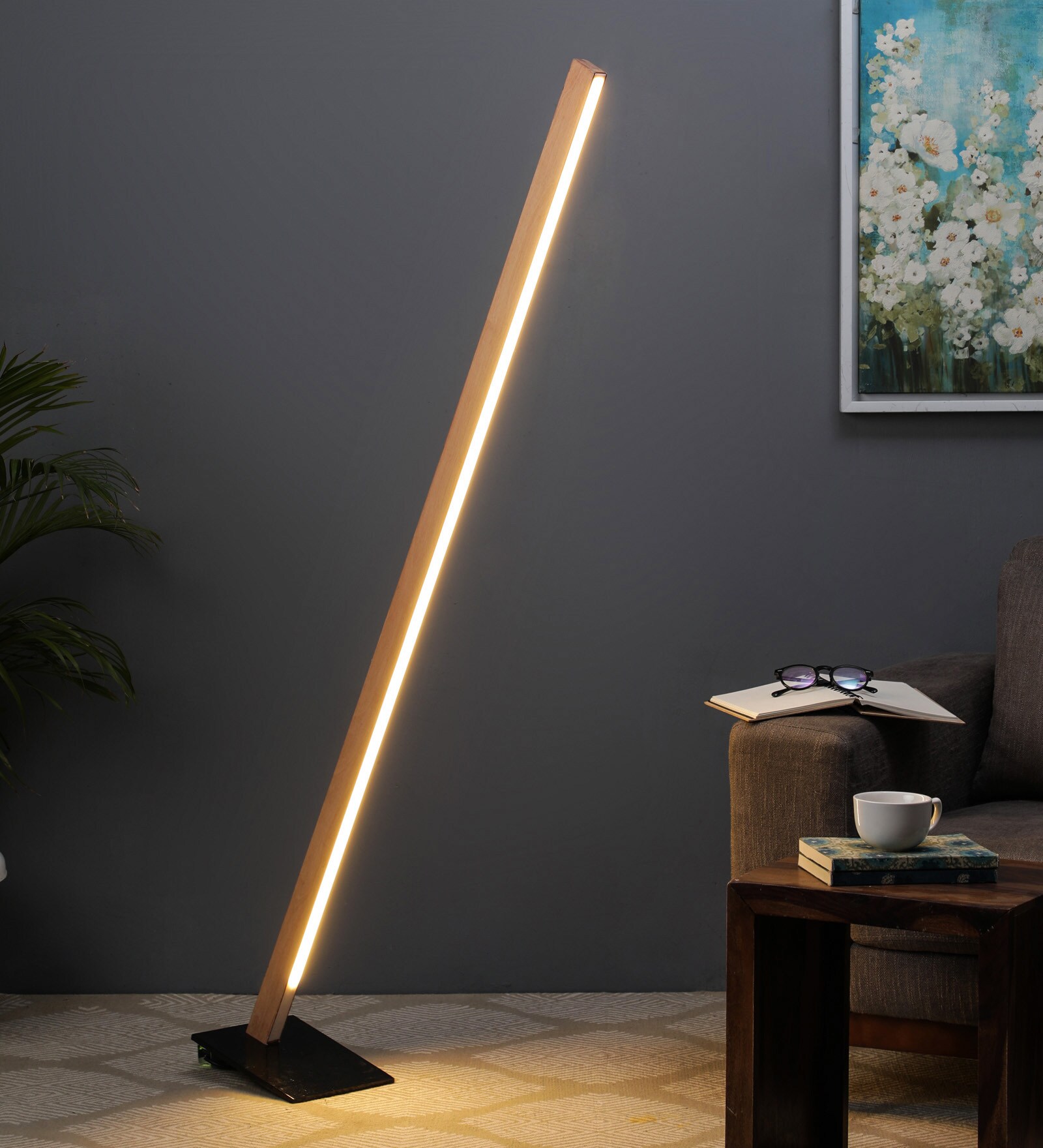 Darcia Brown Wood Shade Floor Lamp with Brown Base -