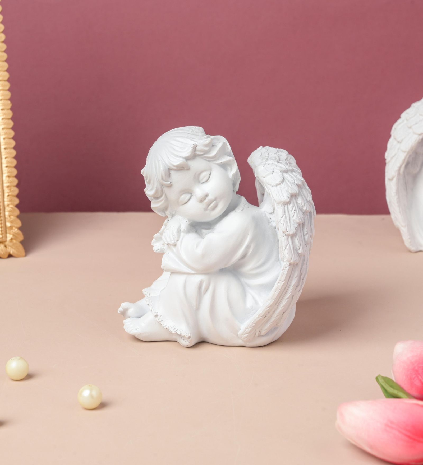 Buy Left Sitting Angel Statue with Wings White Resin Showpiece by
